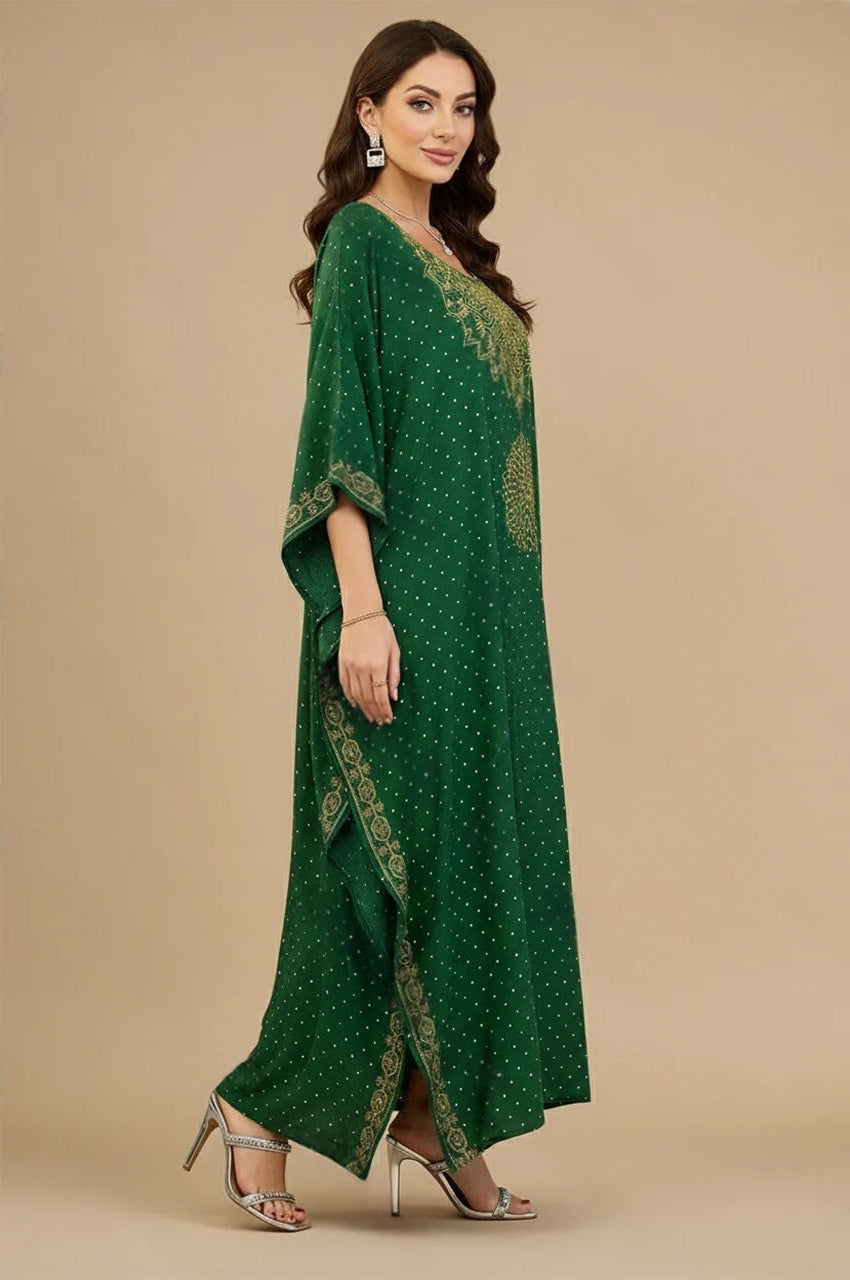 Nalya Indian Cotton Kaftan in Emerald Green with gold embroidery – side view