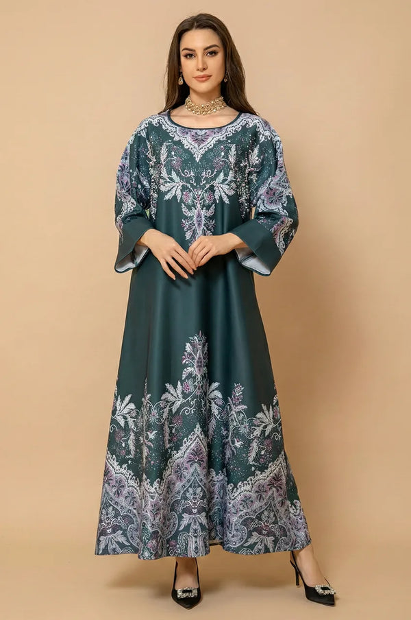 Front view of Narya emerald green gota patti kaftan with silver printed details and crystal neck work.