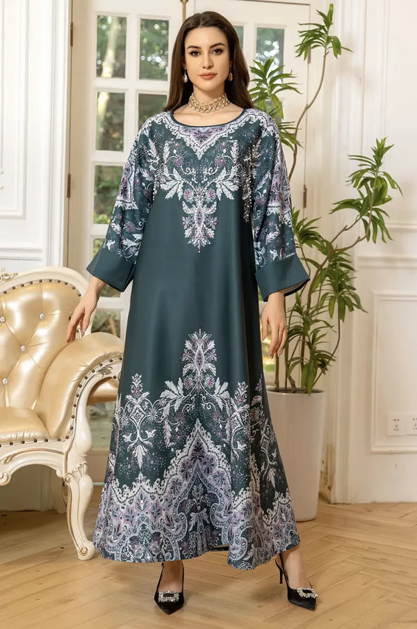 Full length standing pose of Narya emerald gota patti kaftan showing A-line cut and sleeve width.