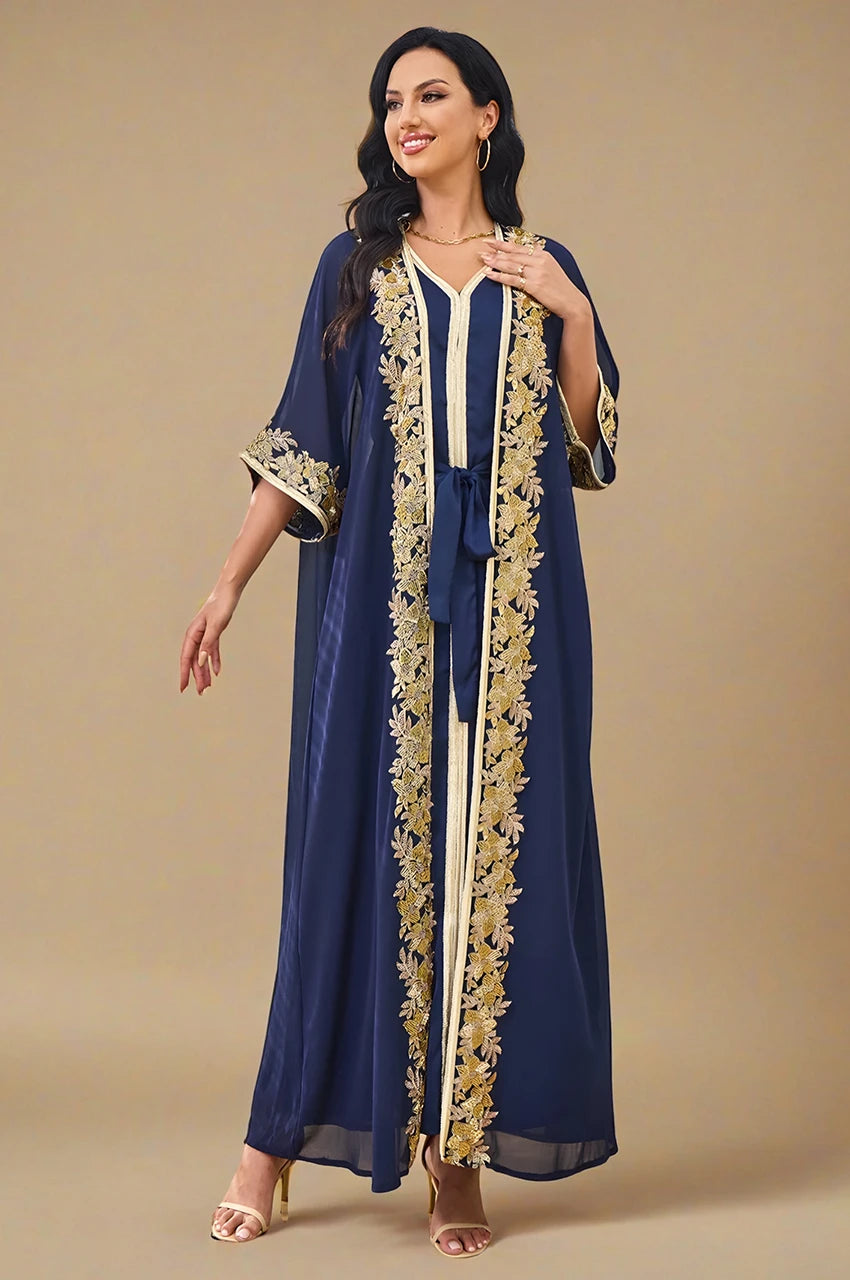 Elegant front angle of the navy blue and gold kaftan, an ideal outfit for wedding guests and Eid.