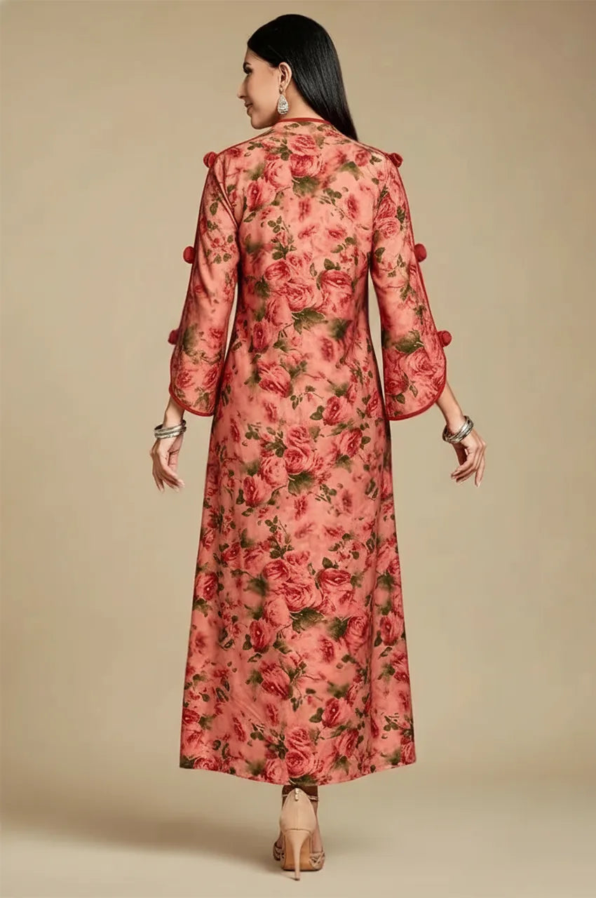 Back view of the Nayela red floral kaftan with full rose pattern