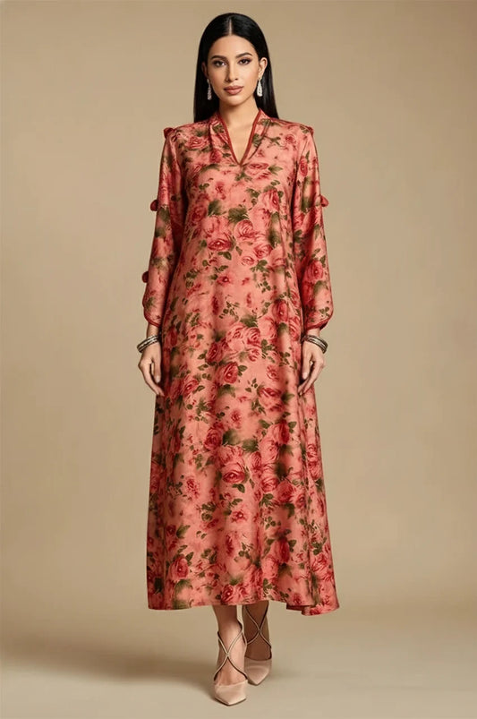 Nayela red floral kaftan – front view with elegant rose print design