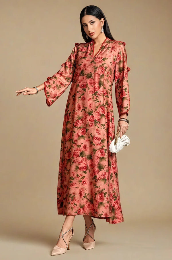 Nayela red rose print kaftan – elegant side profile with V-neckline