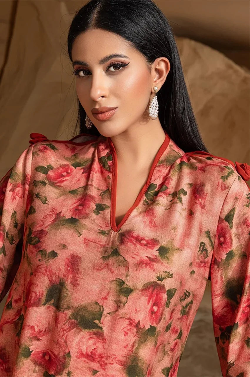 Shoulder rosette tie detail on Nayela floral kaftan