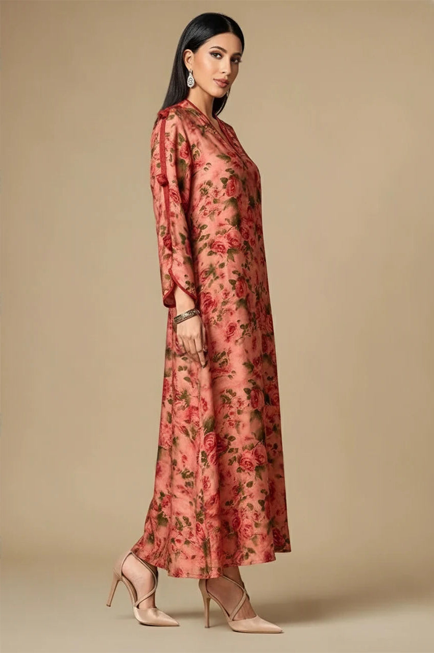 Red floral kaftan side view showing flowing silhouette and long sleeves