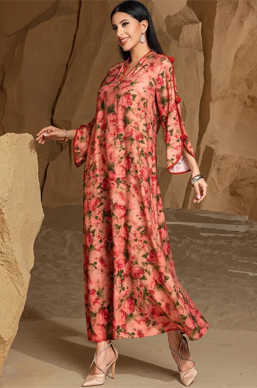 Side angle flow of Nayela floral maxi kaftan