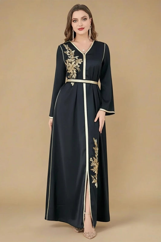 Naylah Black Moroccan Kaftan with gold embroidered details – front view