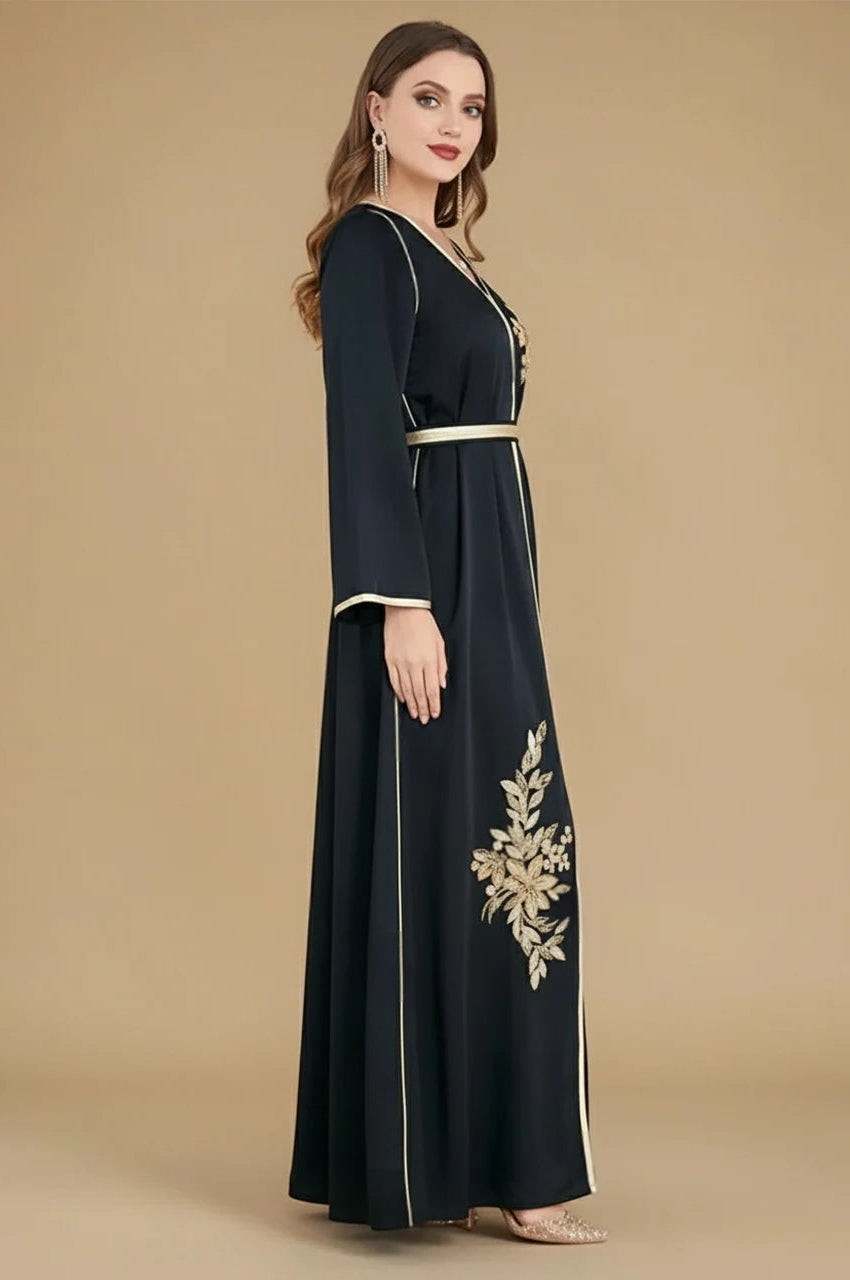 Black Moroccan Kaftan Naylah with gold embroidery – side view