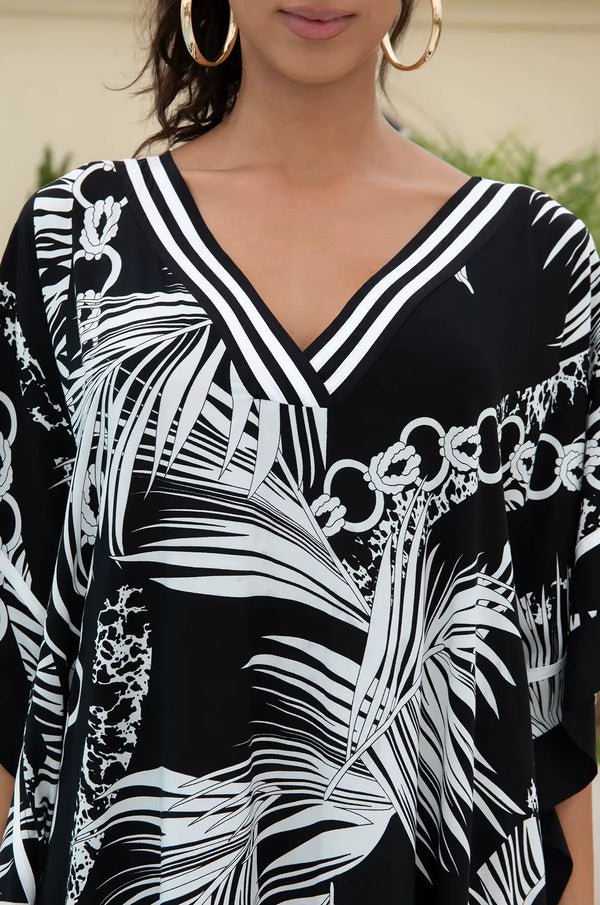 Naylara Adhara Palm Beach Kaftan Black – V-Neckline & Print Close-Up Detail