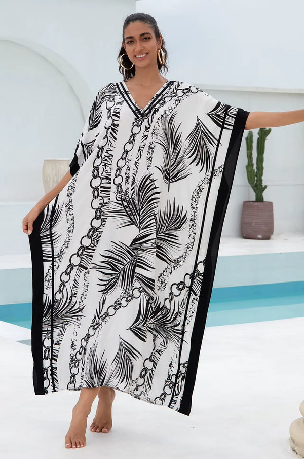 Naylara Adhara Palm Beach Kaftan White – Front View Walking by Pool