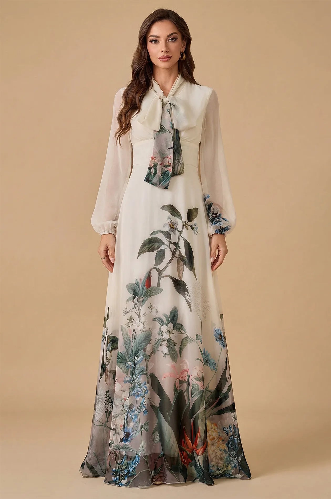 Full front view of the Arina cream floral kaftan with pussy-bow neckline.