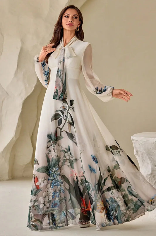 Elegant full-length pose of the Arina cream kaftan against a neutral backdrop.