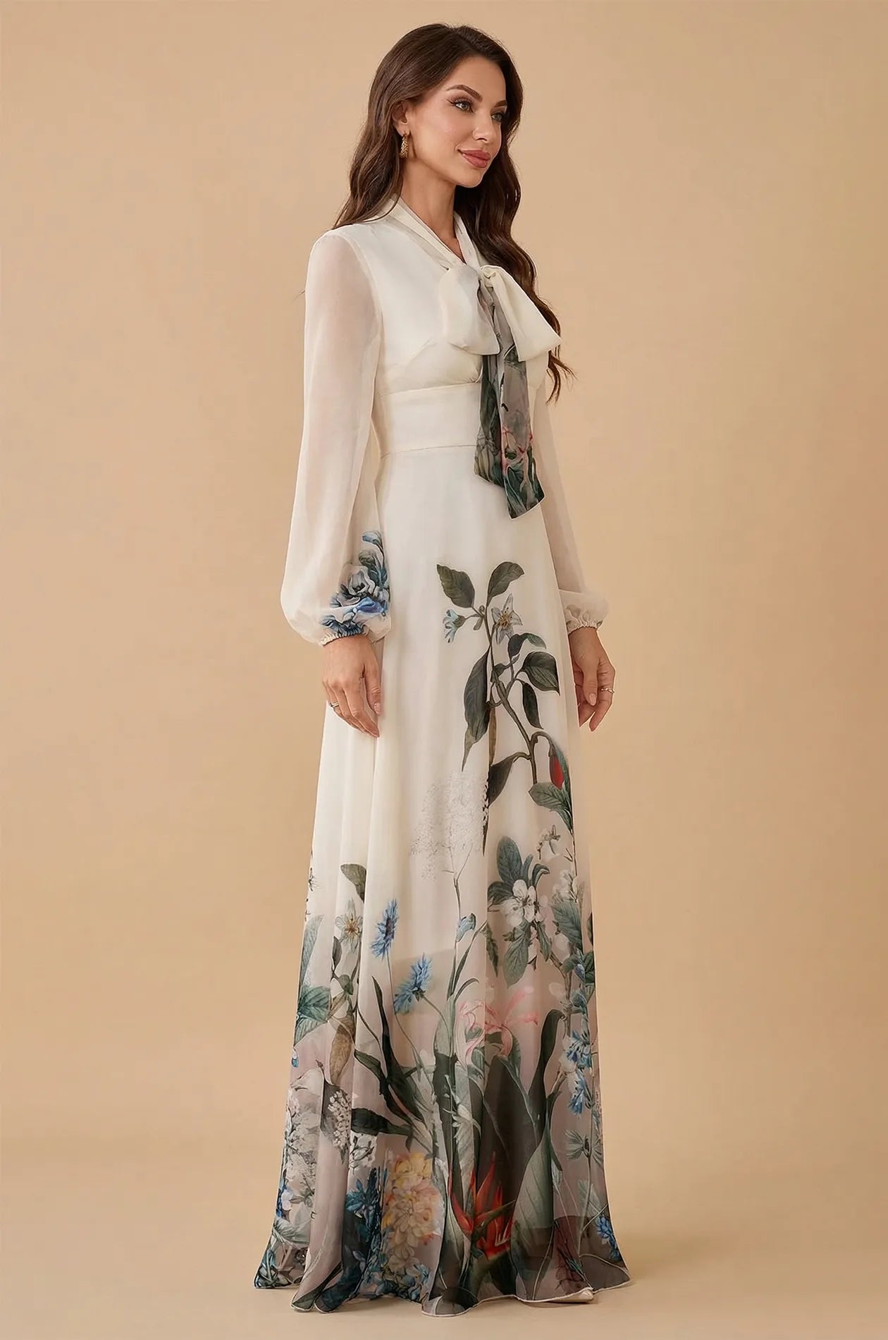 Side profile of the Arina cream kaftan showing the flowing chiffon skirt.