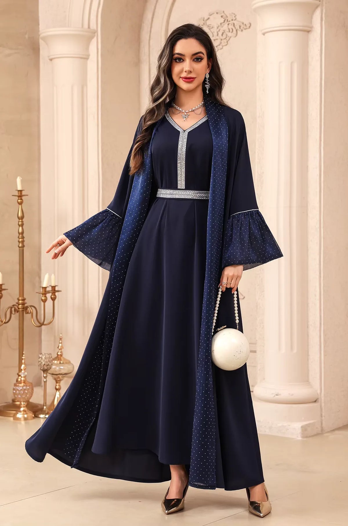 kaftan dress blue Auris Ruffle Cuffs Solid Color in 65% Egyptian Cotton Waller Navy Jacquard Shawl Color:MOCHA Career