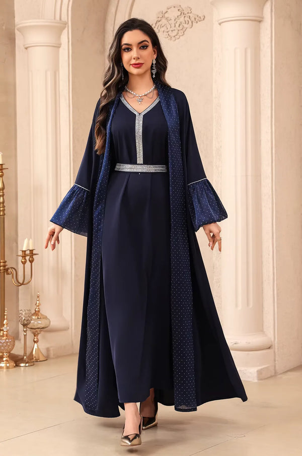Full-length front view of the two-piece Auris Blue Kaftan set including a matching inner dress and shimmering outer robe.