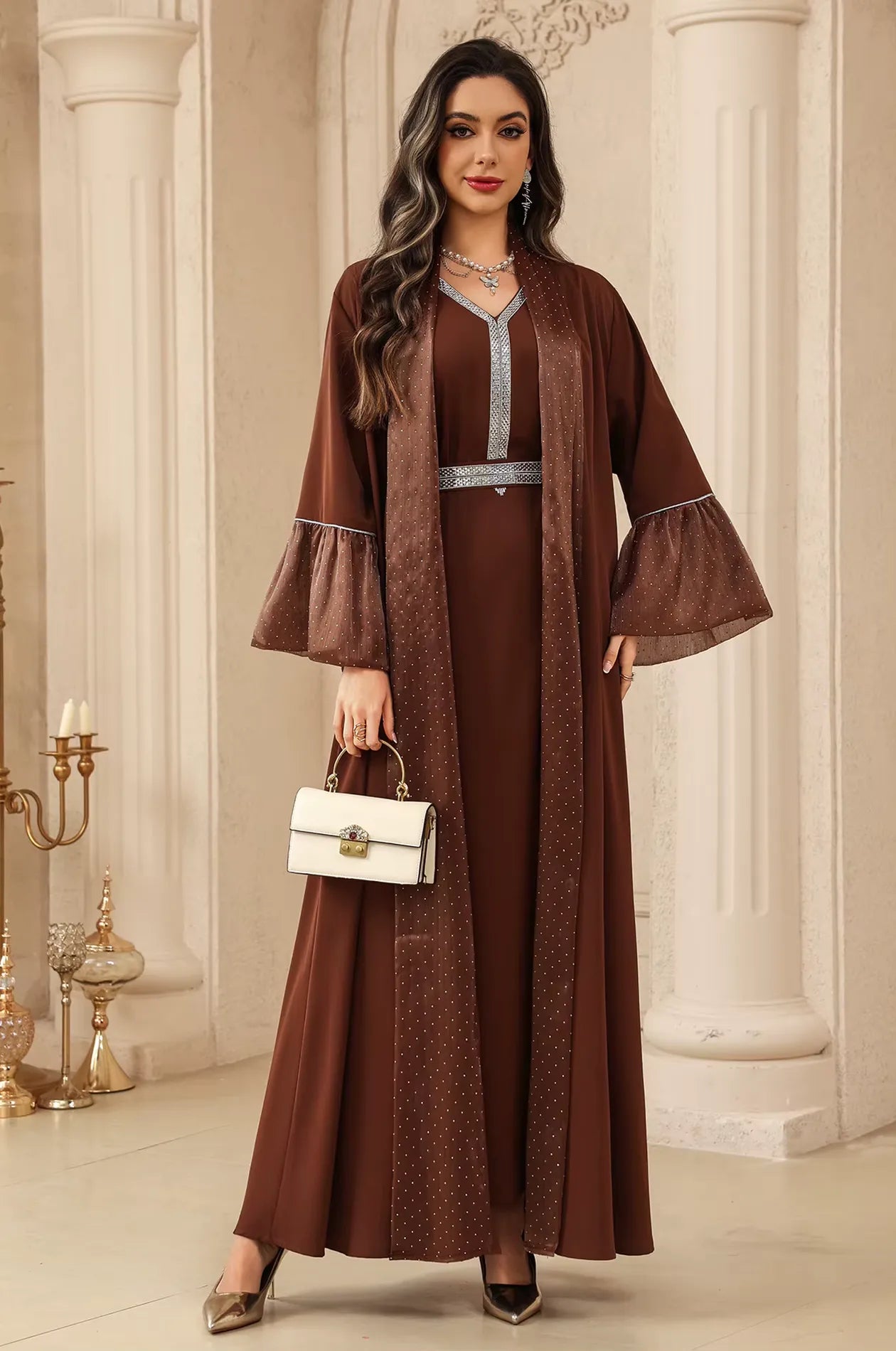 Auris Ruffle Cuffs Solid Color Kaftan in Brown | Naylara US 6