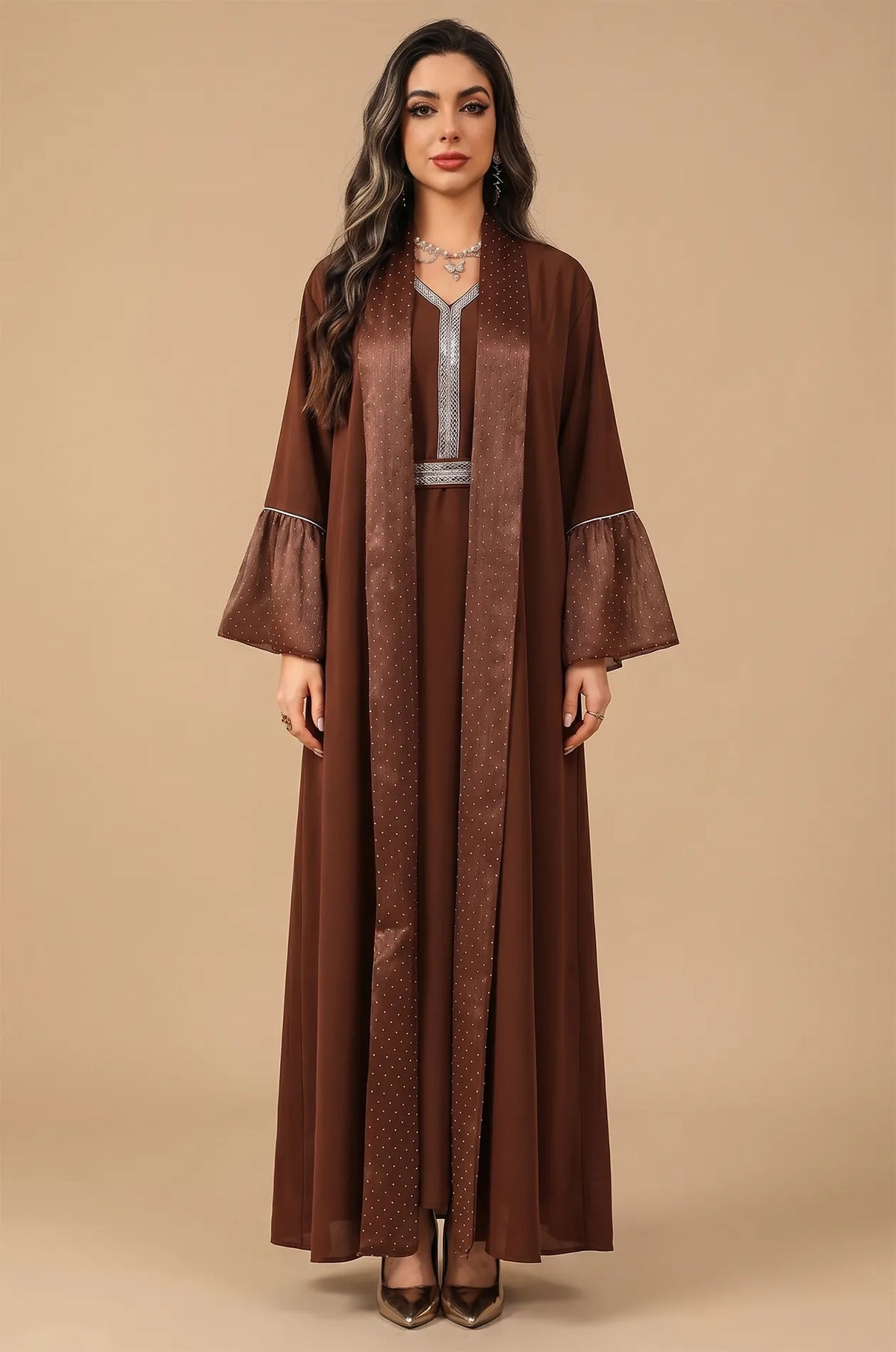 Full front view of the Auris Brown solid color Kaftan by Naylara, featuring a shimmering open-front robe and silver rhinestone trim.