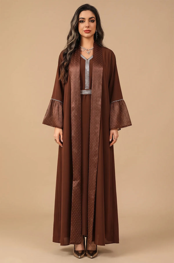 Full front view of the Auris Brown solid color Kaftan by Naylara, featuring a shimmering open-front robe and silver rhinestone trim.