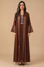 Full front view of the Auris Brown solid color Kaftan by Naylara, featuring a shimmering open-front robe and silver rhinestone trim.