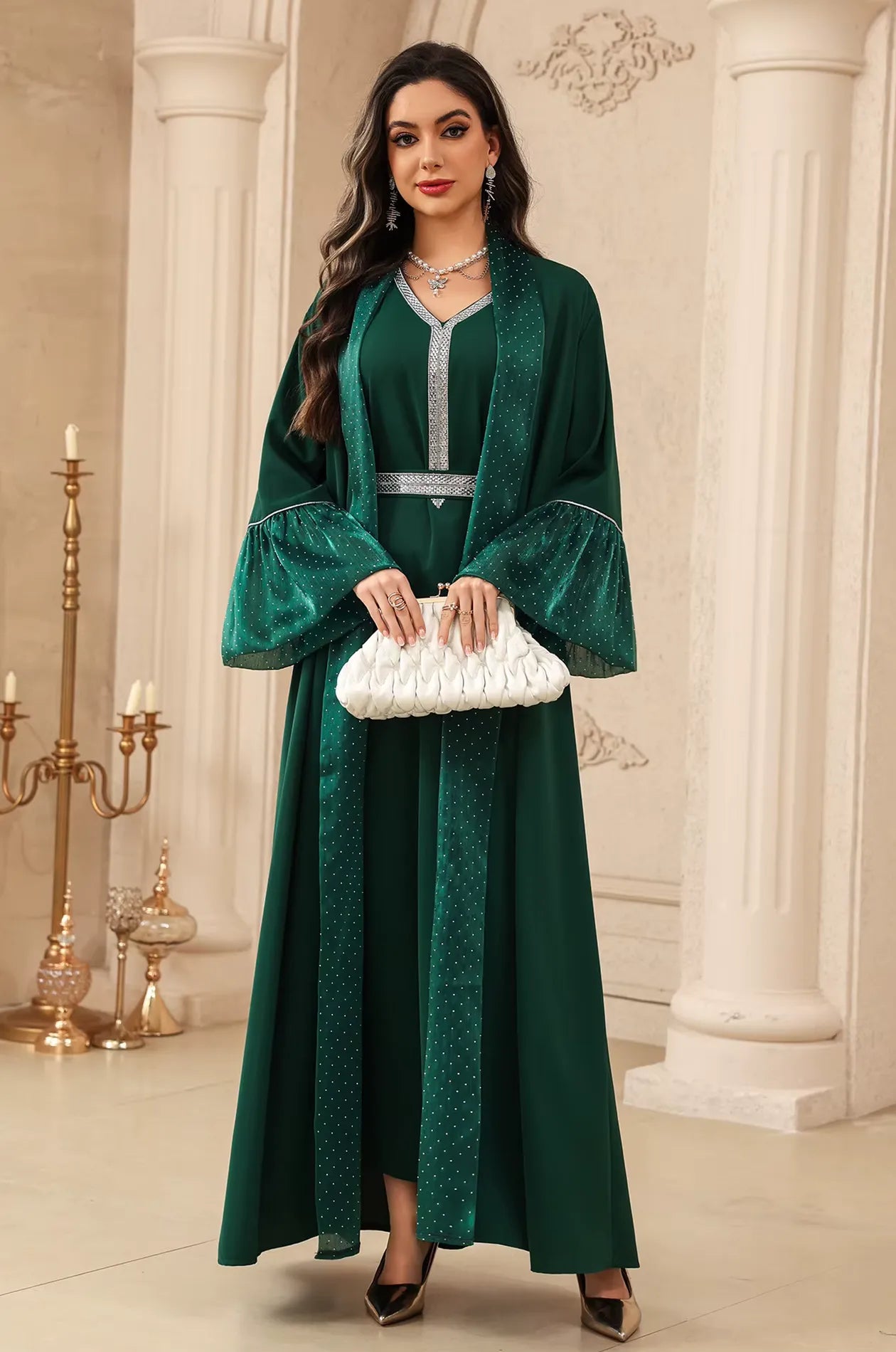 Auris Ruffle Cuffs Solid Color Kaftan in Green | Naylara US 10 Auris Ruffle Cuffs Solid Color Kaftan in Green | Naylara US 10