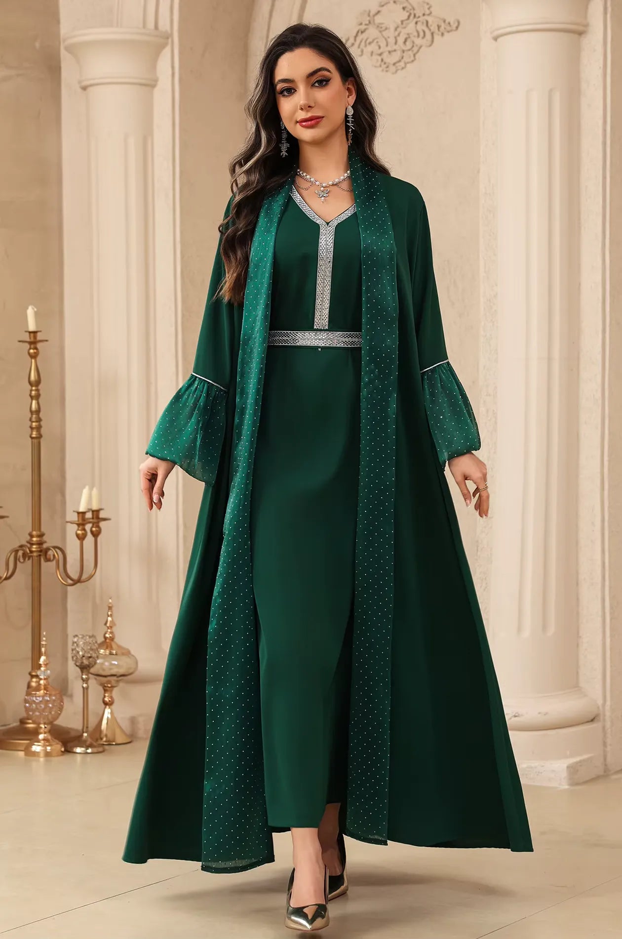 A full-length view of the Auris Green solid color Kaftan, showing the two-piece design with an open-front outer robe and matching inner dress.