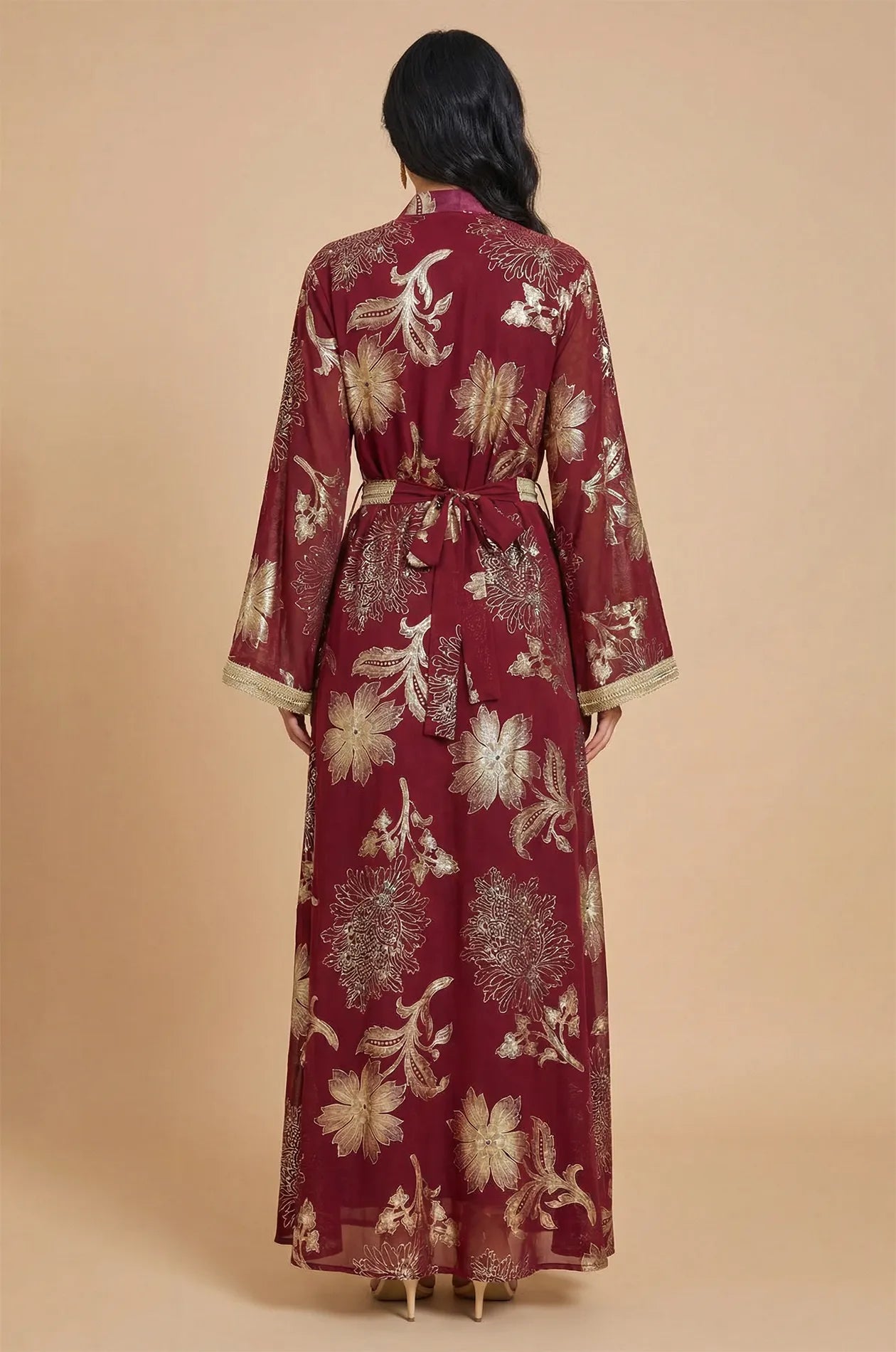 Back view of the maroon Ayrah kaftan showing the ribbon tie belt.