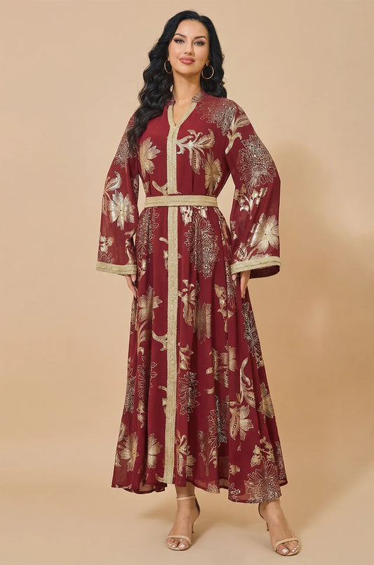 Full front view of Ayrah maroon floral kaftan with golden belt by Naylara.