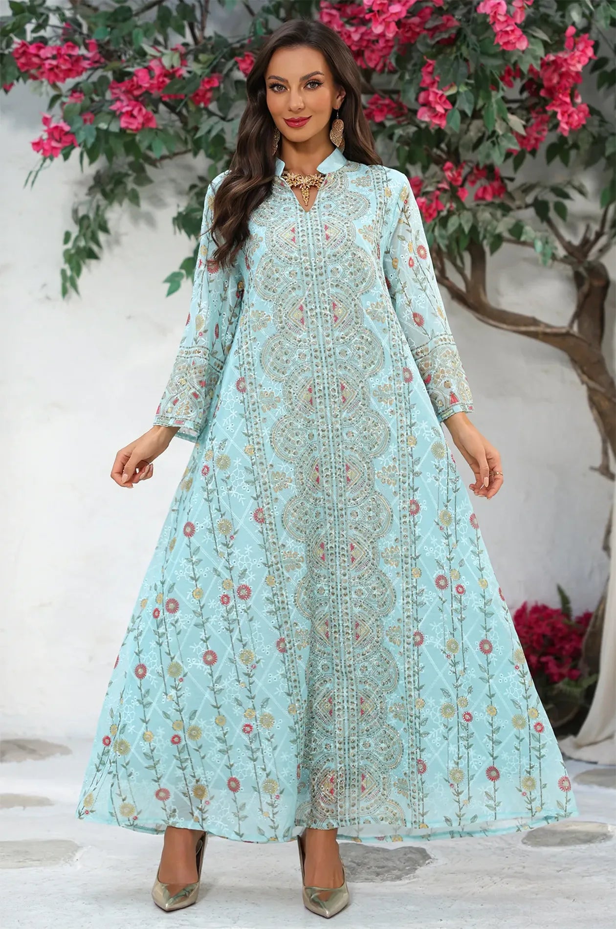 Full-length shot of the Naylara Azari mint green chiffon kaftan maxi dress with a structured mandarin collar and A-line fit.