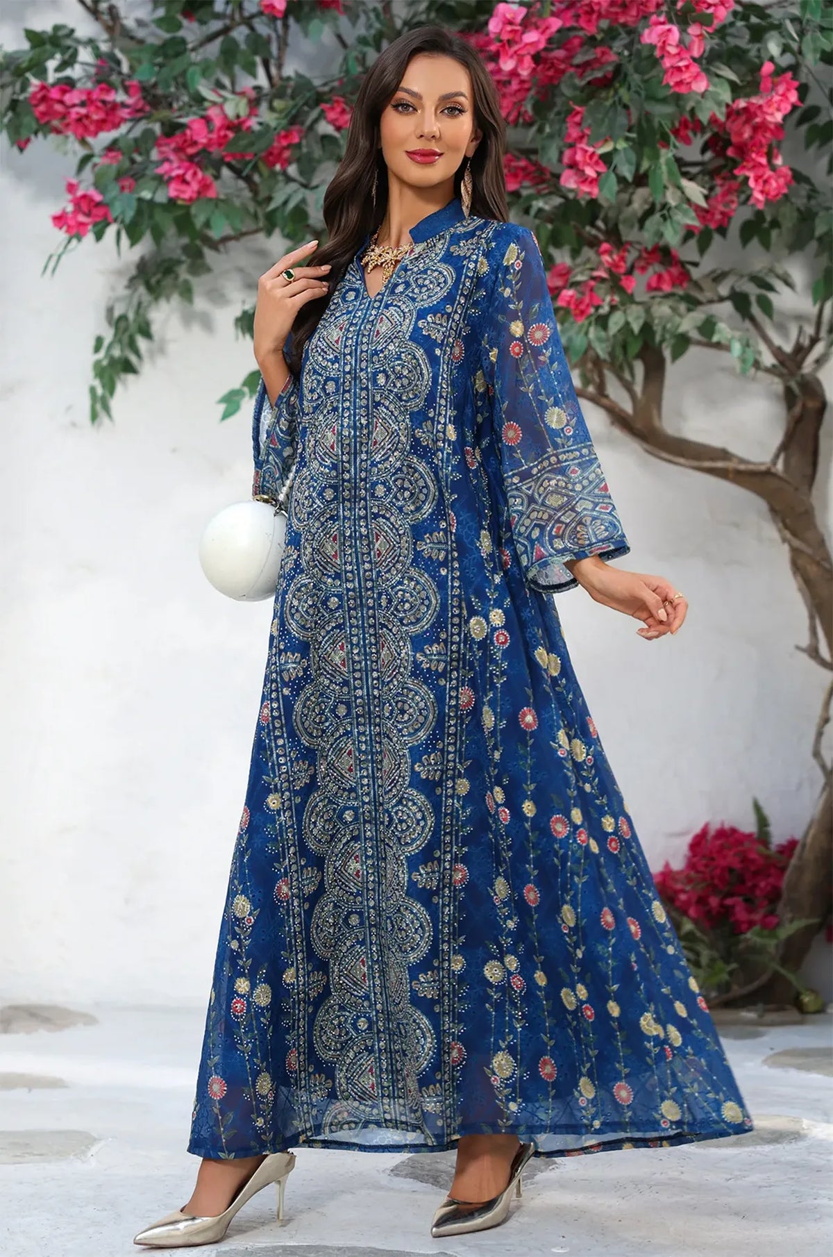 Kaftan Dress - Wedding Guest & Eid Celebration - Mandarin Collar Floral Bell Sleeve - Chiffon - US 12