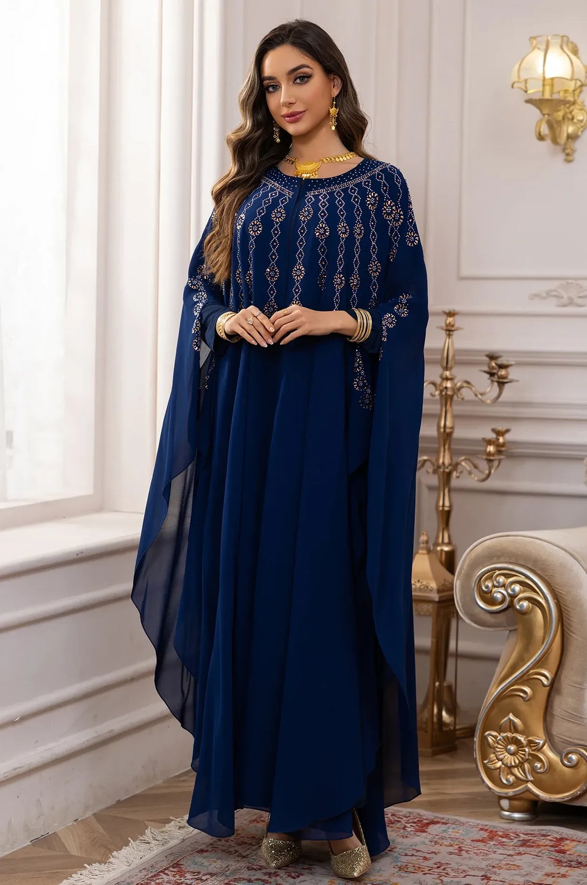 Front view of the Royal Blue Cassia Rhinestone Kaftan designed for formal evening gala wear.