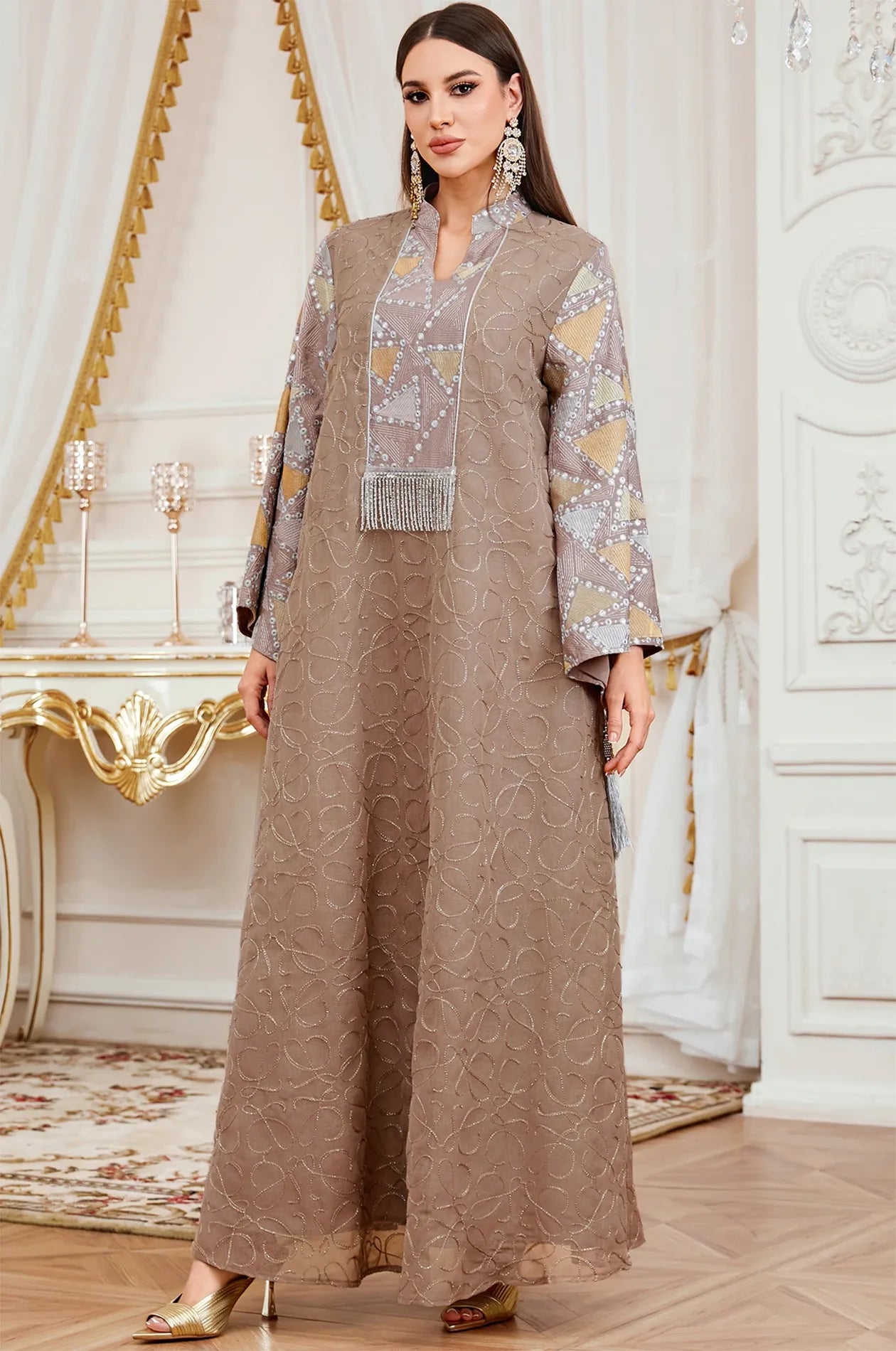 Full front view of the luxury Brown Kaliera geometric kaftan by Naylara, accessorized with statement earrings for a sophisticated look.