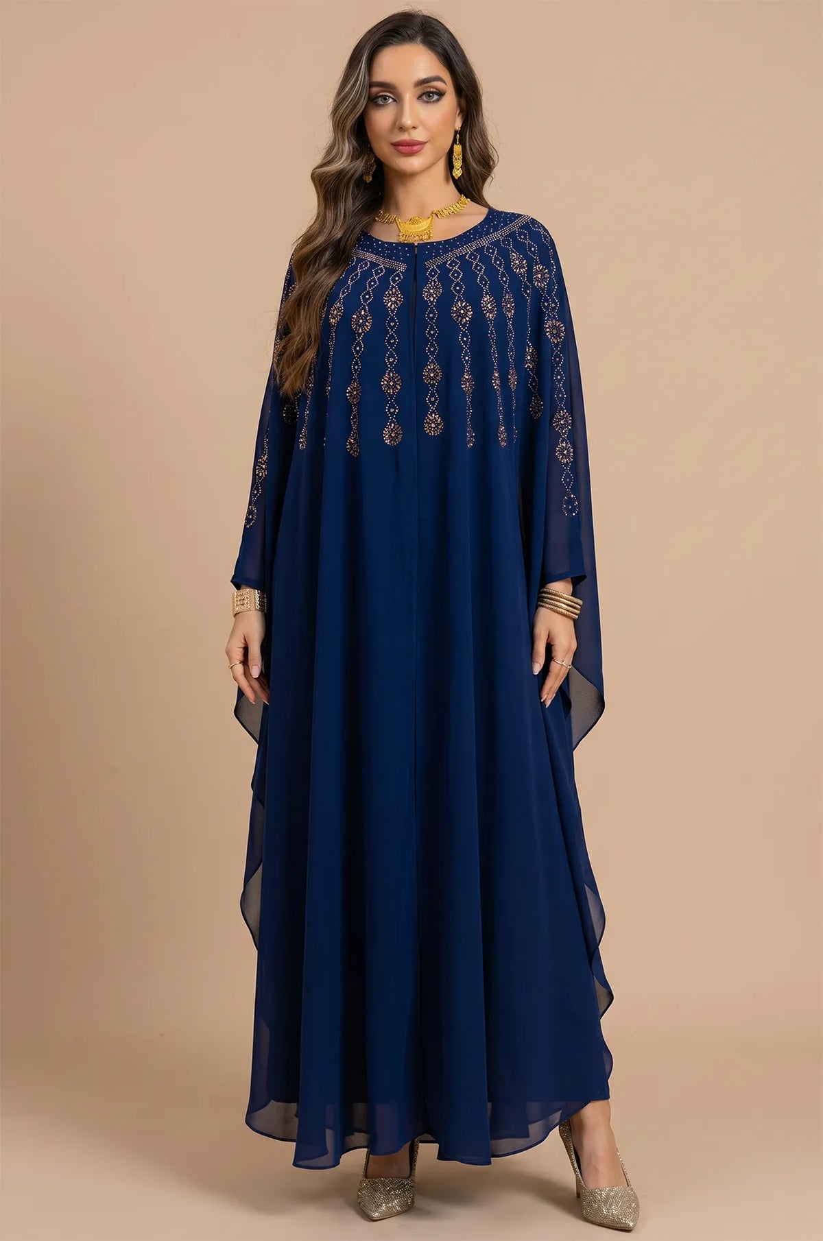 Full front view of the Navy Blue Cassia Rhinestone Kaftan showing the elegant butterfly silhouette.