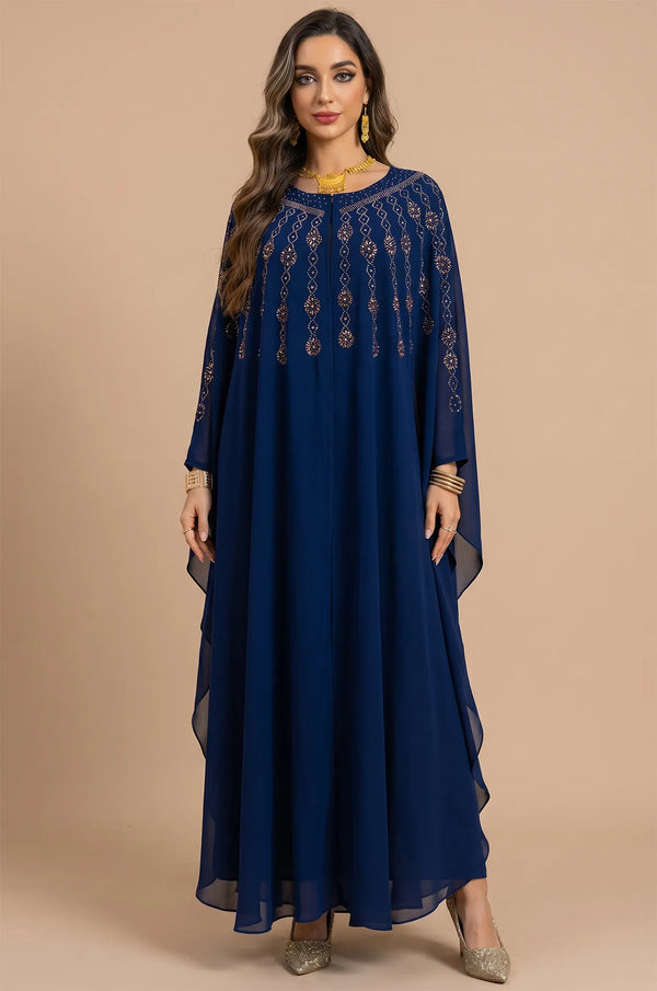 Full front view of the Navy Blue Cassia Rhinestone Kaftan showing the elegant butterfly silhouette.