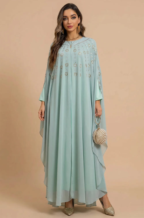 Full front view of the Naylara Cassia Light Green Rhinestone Kaftan on a neutral background.