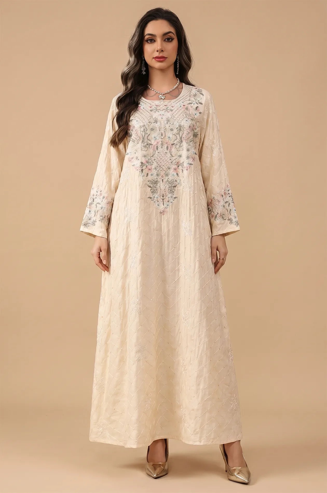 Full front view of the Naylara Equis modest kaftan in beige with floral embroidery and rhinestone details.