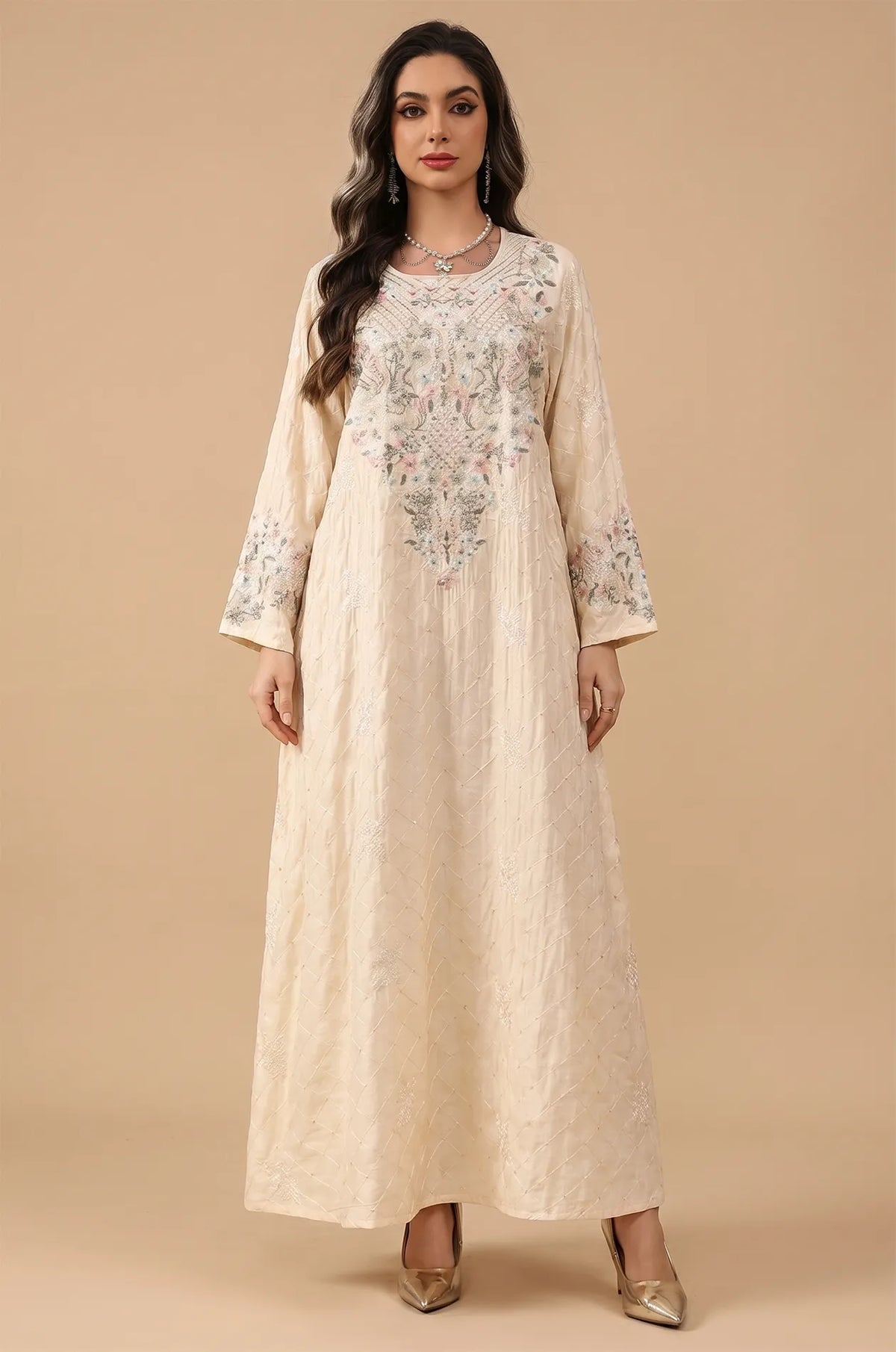 Full front view of the Naylara Equis modest kaftan in beige with floral embroidery and rhinestone details.