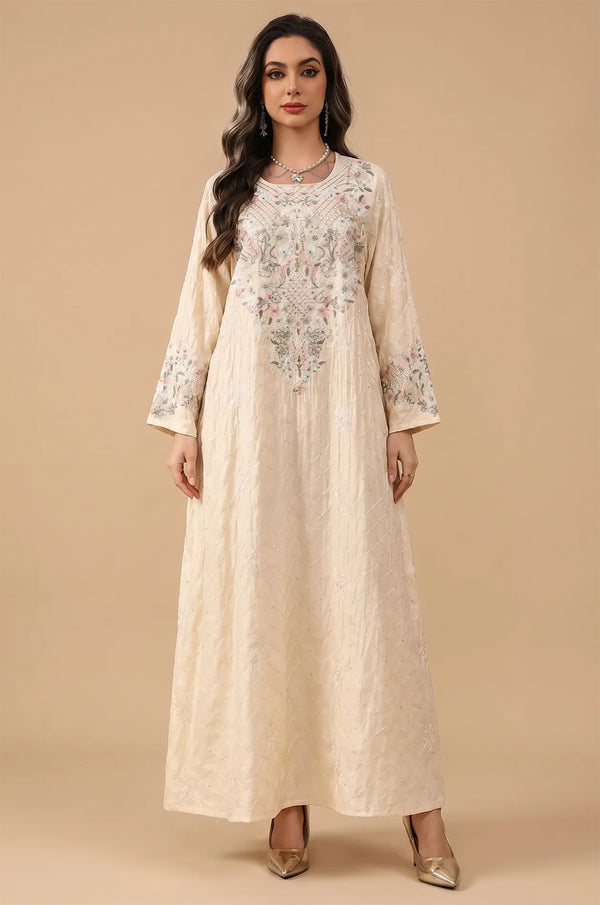 Full front view of the Naylara Equis modest kaftan in beige with floral embroidery and rhinestone details.