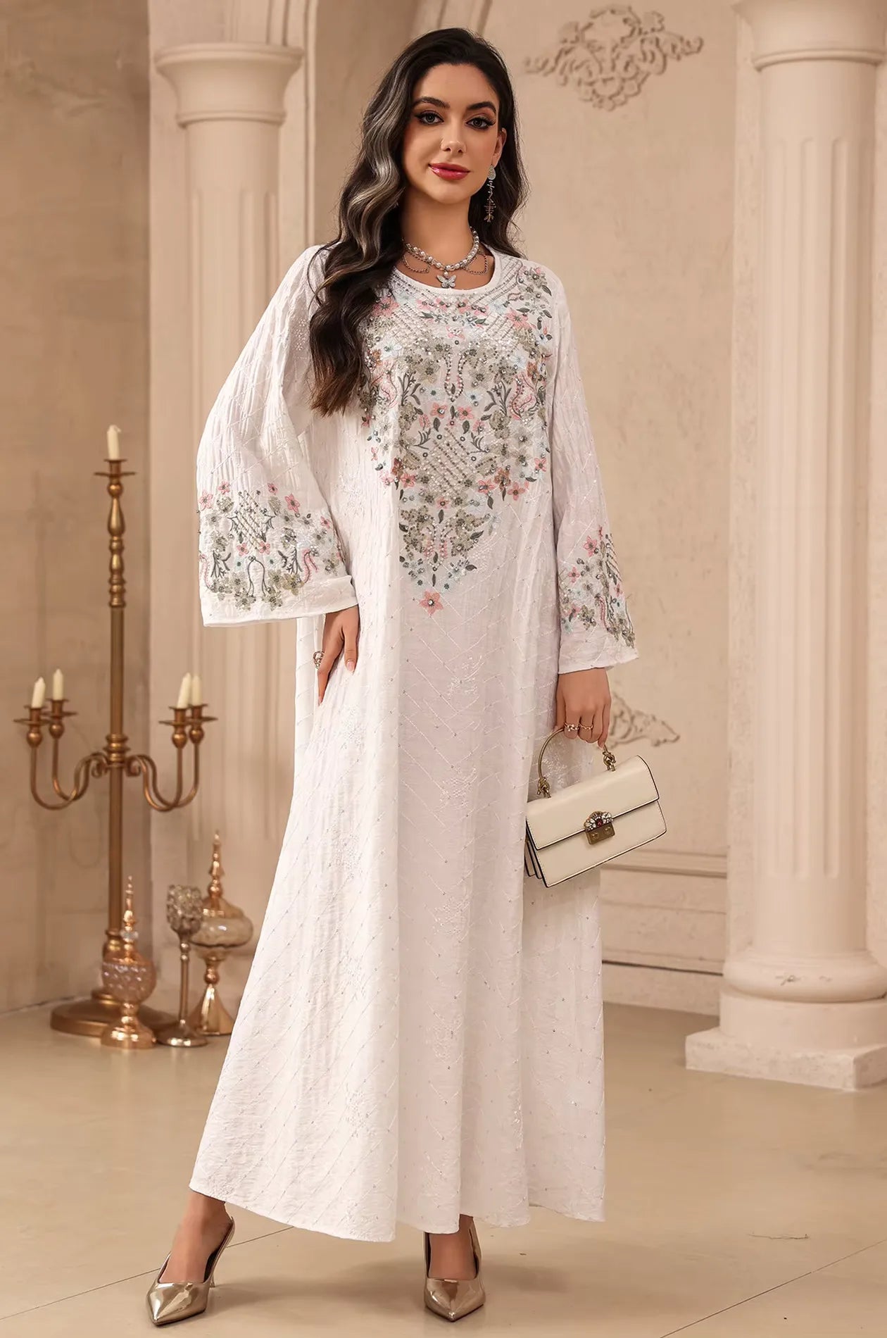 Equis Floral Embellished Modest Kaftan in White