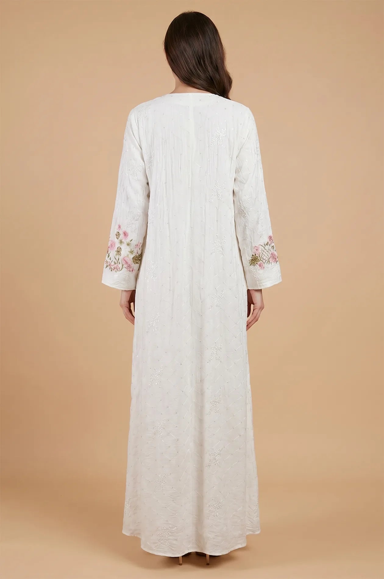 Equis Floral Embellished Modest Kaftan in White | Naylara US 6 Equis Floral Embellished Modest Kaftan in White | Naylara US 6
