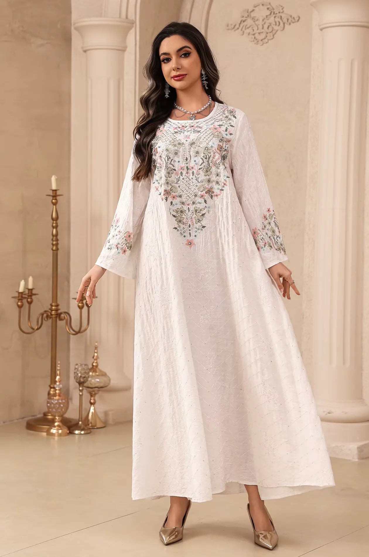 Equis Floral Embellished Modest Kaftan in White | Naylara US 6 Equis Floral Embellished Modest Kaftan in White | Naylara US 6