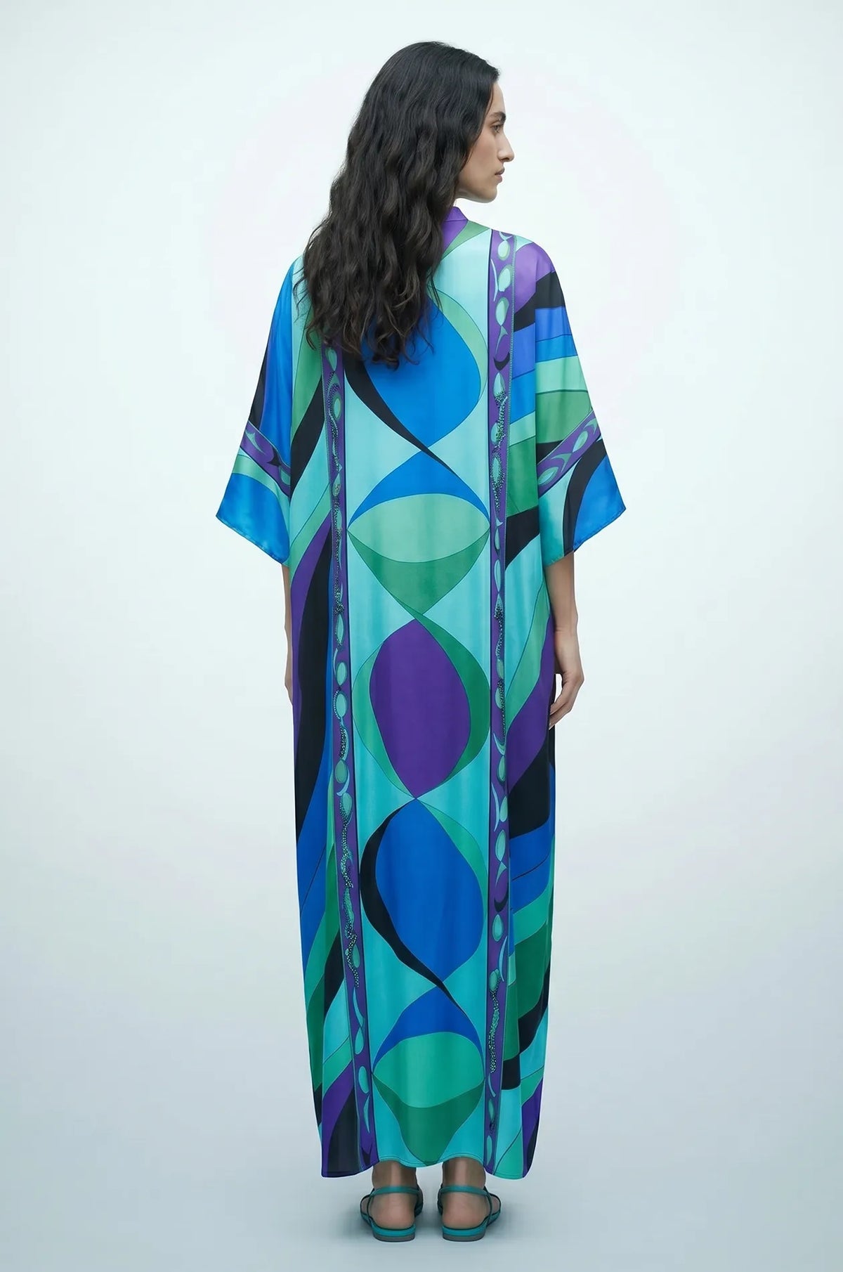 Back view of Naylara Erica blue green purple satin kaftan with geometric print