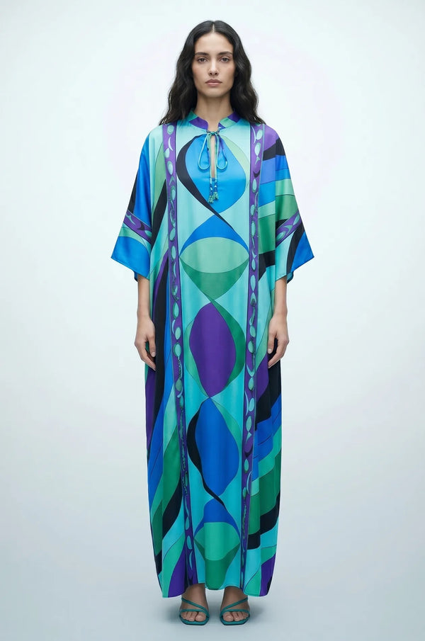 Naylara Erica blue geometric print tassel kaftan cover up — front view studio shot