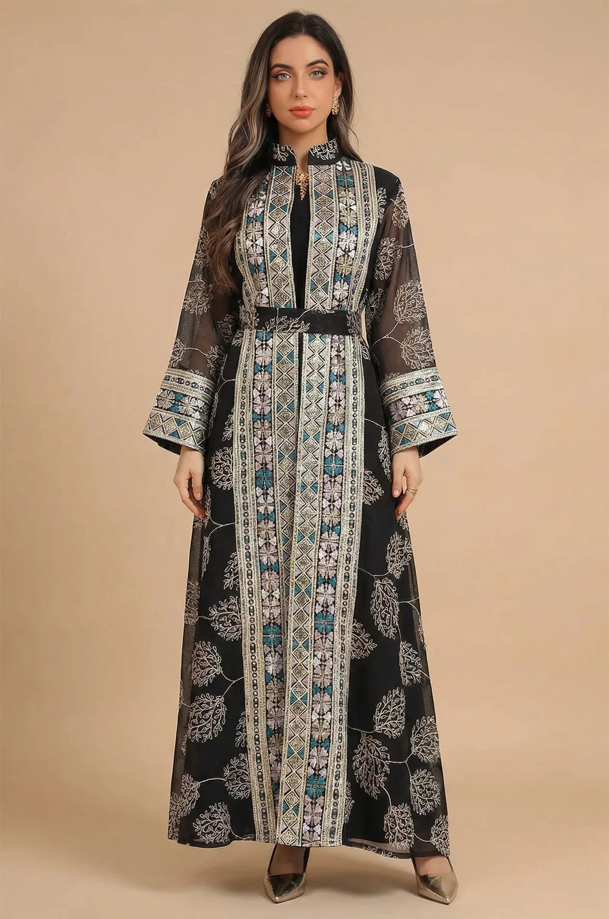 Studio front view of the Gienah black chic kaftan, showcasing the symmetrical embroidery and Mandarin collar design.