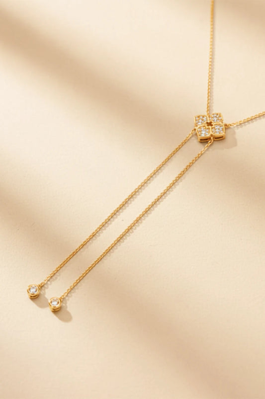 Full view of gold plated moissanite Y-necklace for kaftan styling