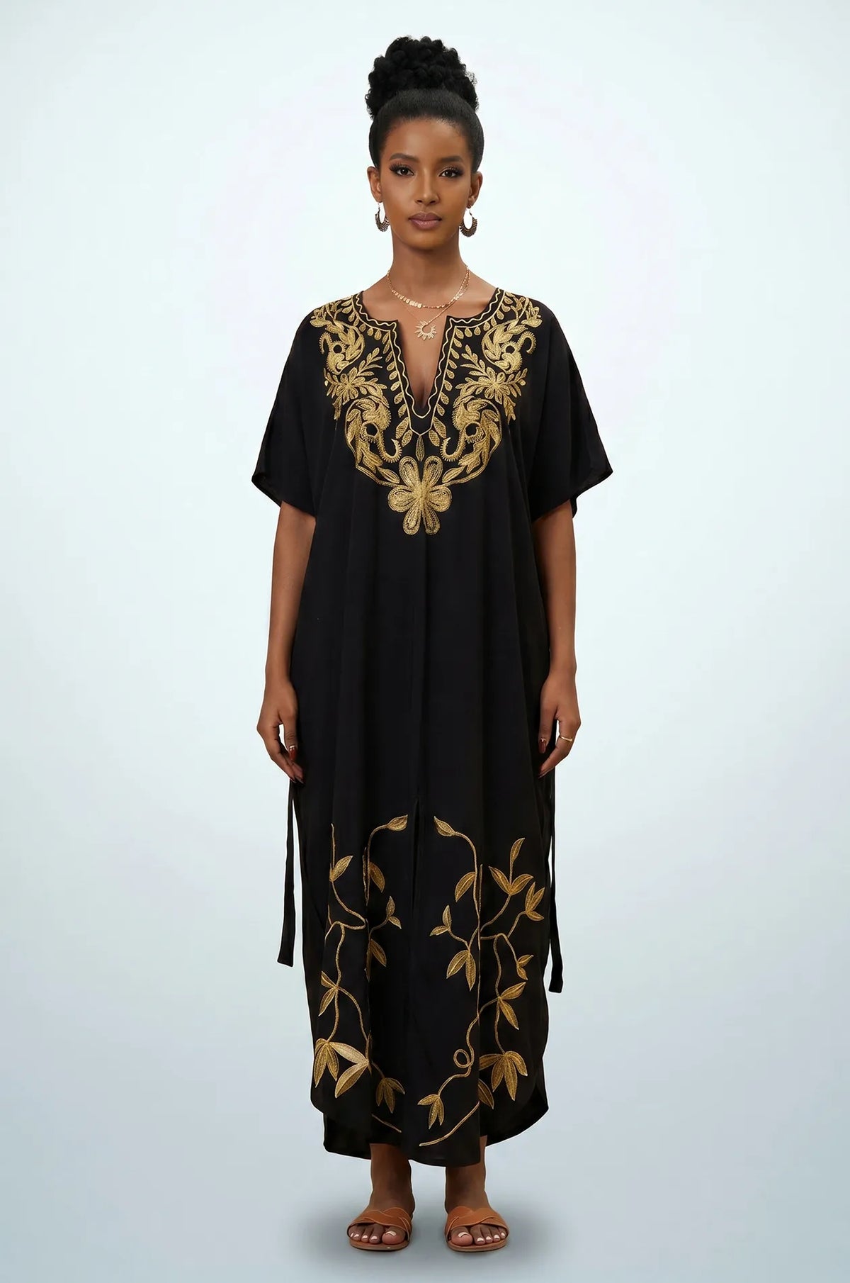 Naylara Halia black gold embroidered long kaftan beach cover up — front full length studio