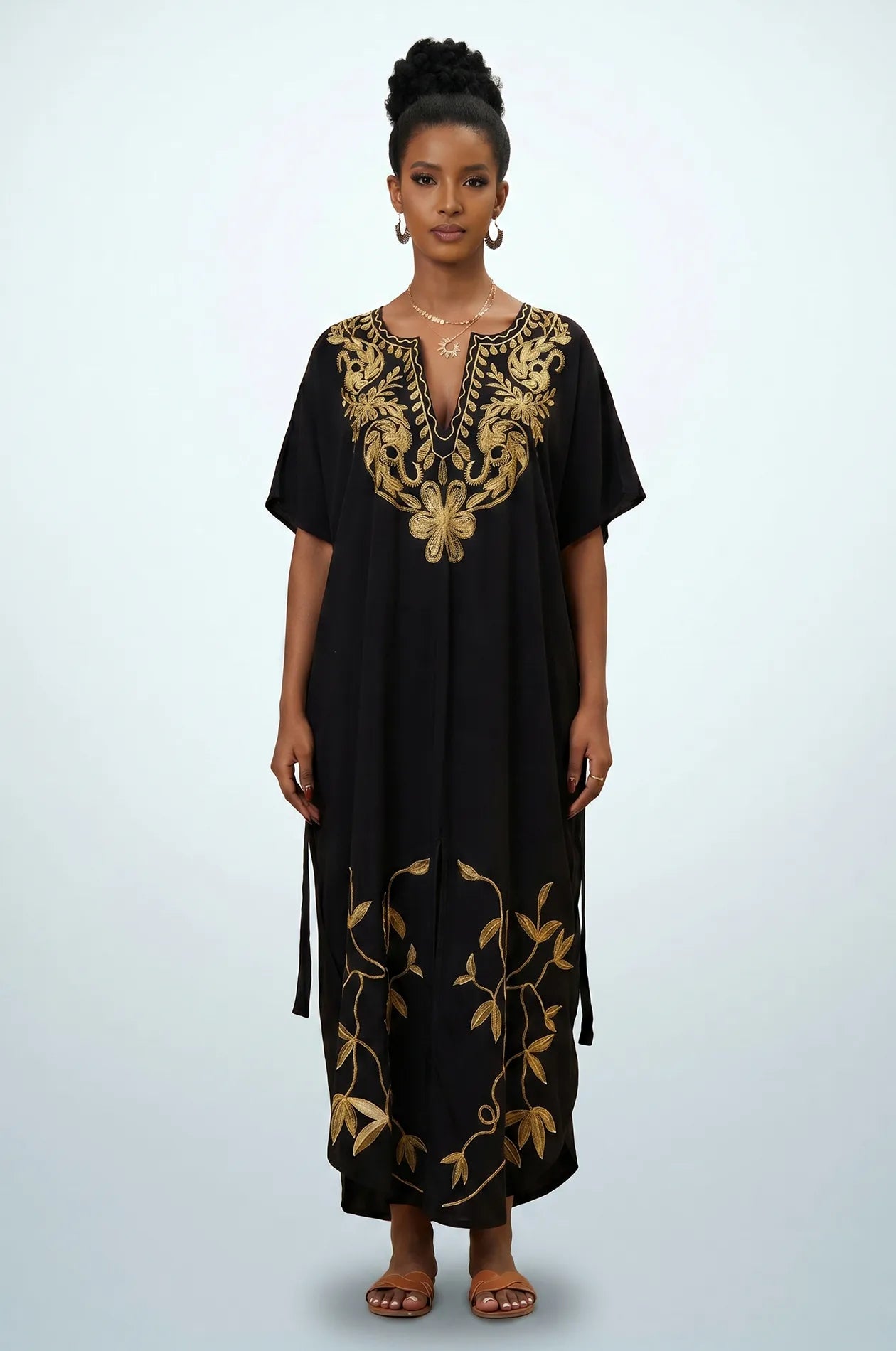 Naylara Halia black gold embroidered long kaftan beach cover up — front full length studio