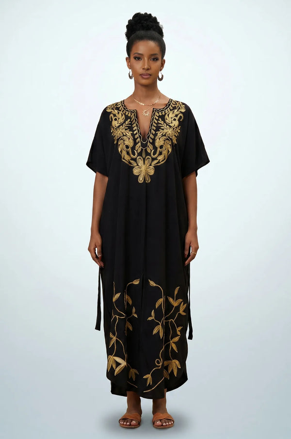 Naylara Halia black gold embroidered long kaftan beach cover up — front full length studio