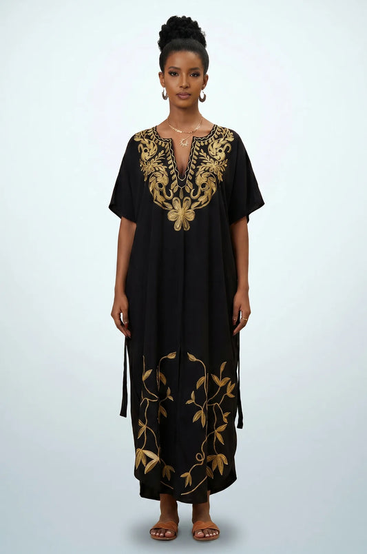 Naylara Halia black gold embroidered long kaftan beach cover up — front full length studio