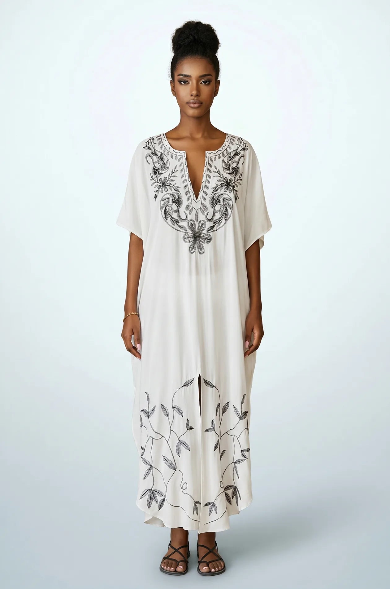 Naylara Halia white black embroidered long kaftan beach cover up — front full length studio