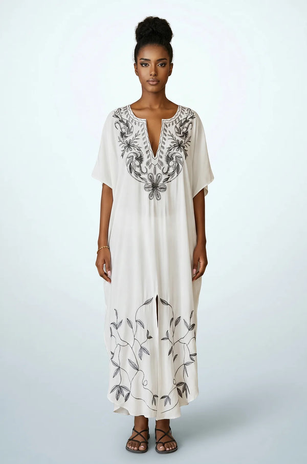 Naylara Halia white black embroidered long kaftan beach cover up — front full length studio